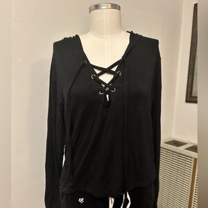 Express One Eleven Lace Up Pullover Hoodie Top